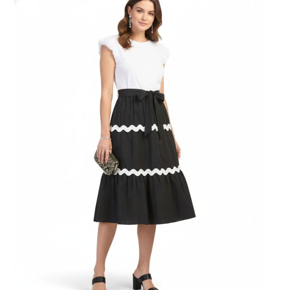 NWT Nanette Lepor Black & White Ric Rac Skirt Flutter Sleeve Midi Dress Sz 12